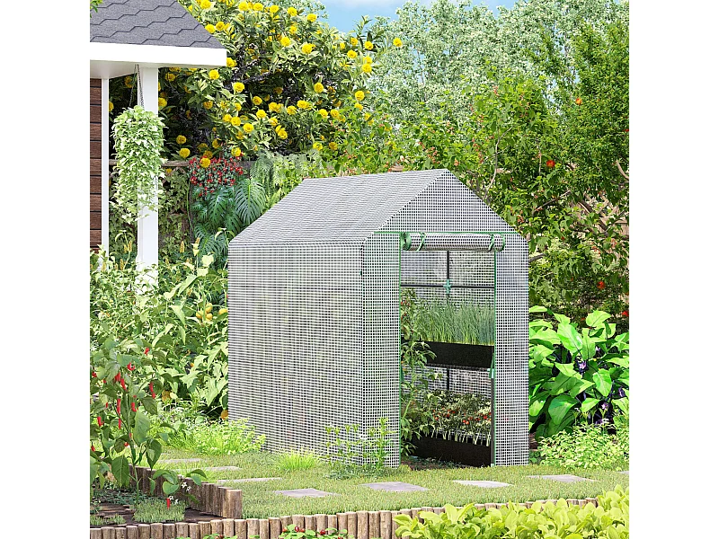 Serre de jardin 2 tablettes dim. 1,86L x 1,2l x 1,9H m porte déroulante acier PE haute densité 140 g/m² transparent blanc