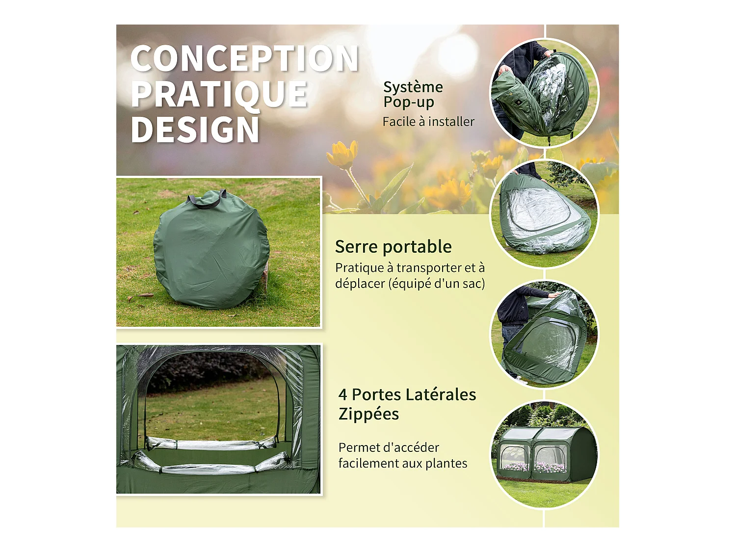 Serre pop-up - serre de jardin pop-up - 4 portes zippées enroulables - dim. 2,5L x 1,25l x 1,35H m - sac transport inclus - PVC vert