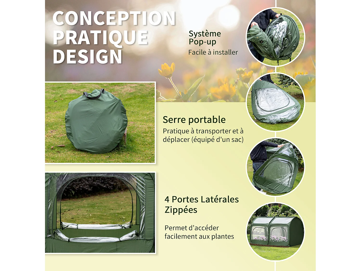 Serre pop-up - serre de jardin pop-up - 4 portes zippées enroulables - dim. 2,5L x 1,25l x 1,35H m - sac transport inclus - PVC vert