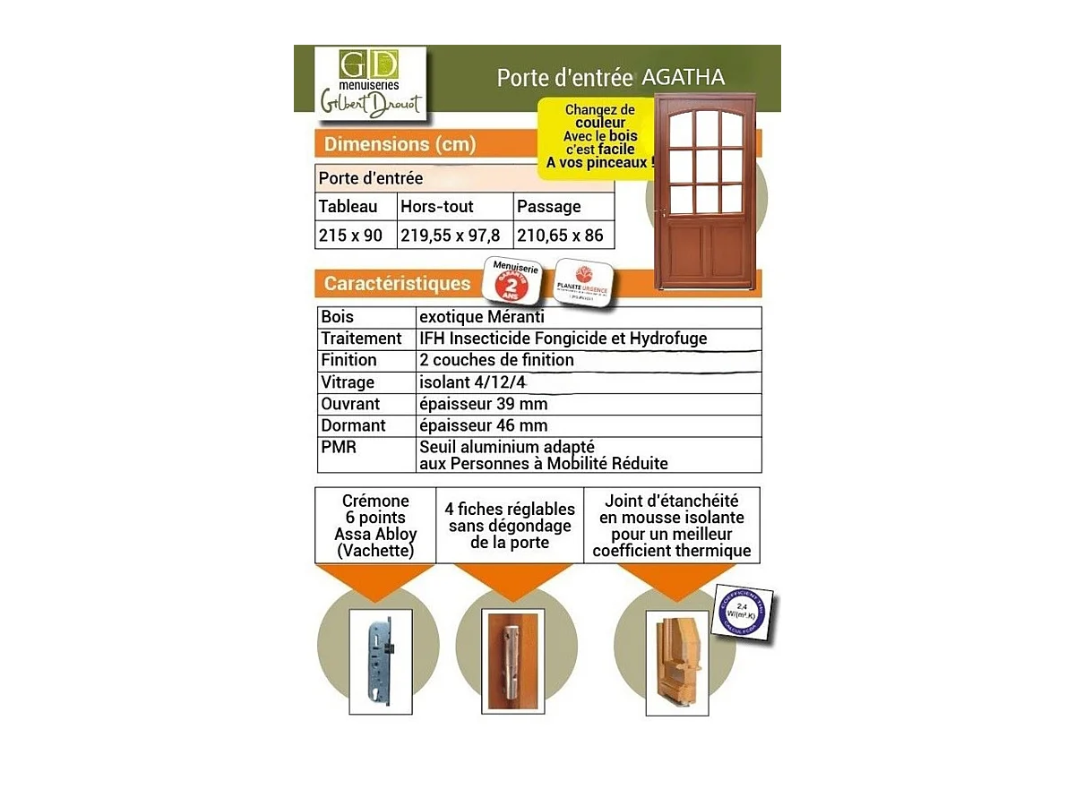 Porte d'entree Bois vitree, Agatha, H,215xl,90  p, droit Cote Tableau