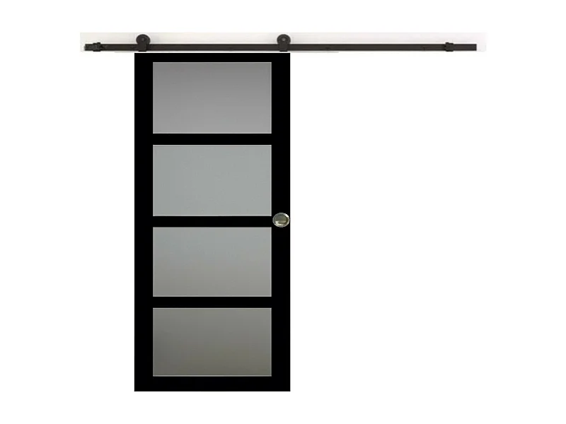 Porte Coulissante Telia Noir Vitree H204 x L73 + Rail a roulettes et Coquilles