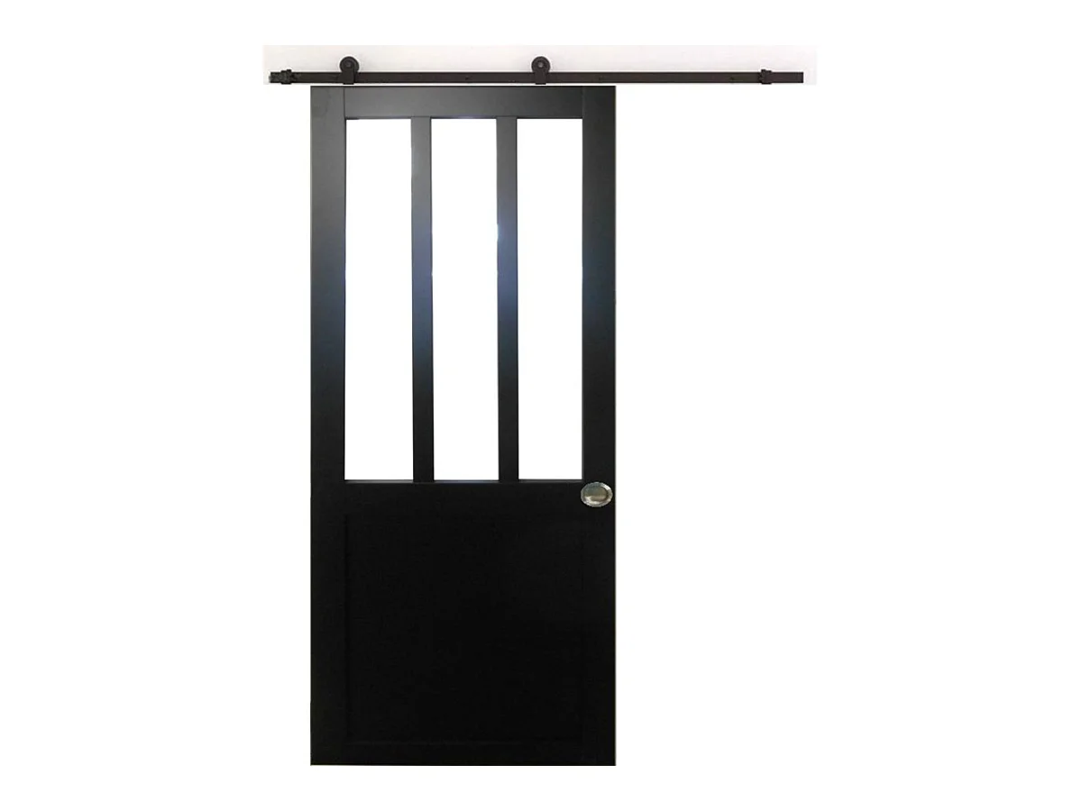 Porte Coulissante Atelier Noir H204 X L83 + Rail A Roulettes Et Coquilles Gd Menuiseries