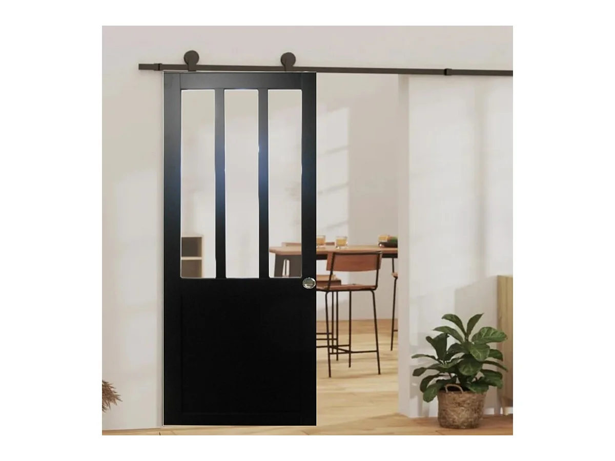 Porte Coulissante Atelier Noir H204 X L73 + Rail A Roulettes Et Coquilles Gd Menuiseries