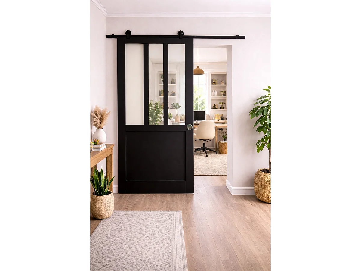 Porte Coulissante Atelier Noir H204 X L73, Rail Roulettes, Coquilles Gd Menuiseries