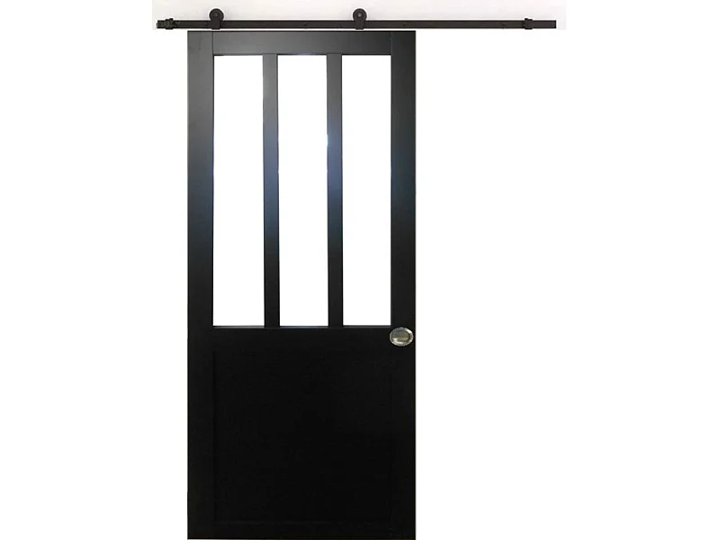Porte Coulissante Atelier Noir H204 X L73 + Rail A Roulettes Et Coquilles Gd Menuiseries