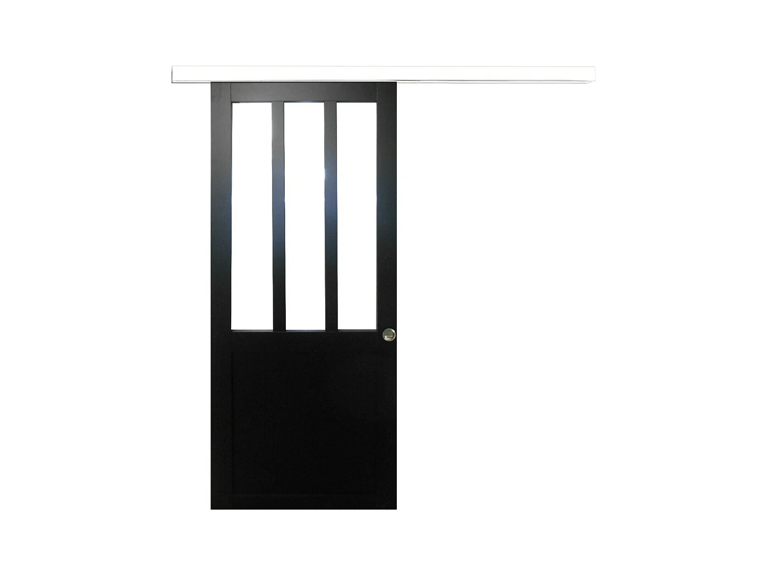 Porte Coulissante Atelier Noir H204 X L83 + Rail Alu Bandeau Blanc Et Coquilles Gd Menuiseries