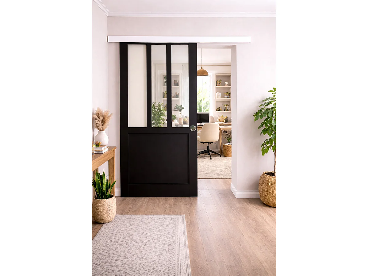 Porte Coulissante Atelier Noir H204 X L83, Rail Alu Bandeau Blanc, Coquilles Gd Menuiseries