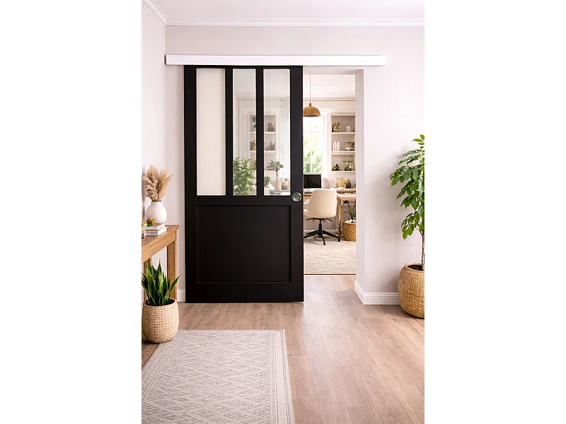 Porte Coulissante Atelier Noir H204 X L83, Rail Alu Bandeau Blanc, Coquilles Gd Menuiseries