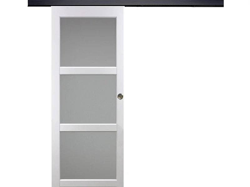 Porte Coulissante Kenya Blanc Vitree H204 X L83 + Rail Alu Bandeau Noir Et Coquilles Gd Menuiseries