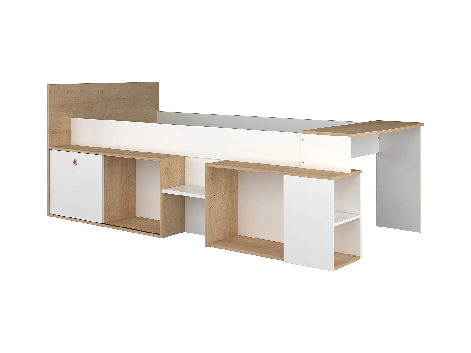 Hoogslaper 90 x 200 cm met bureau en opbergruimte - Wit en naturel - PALOMA
