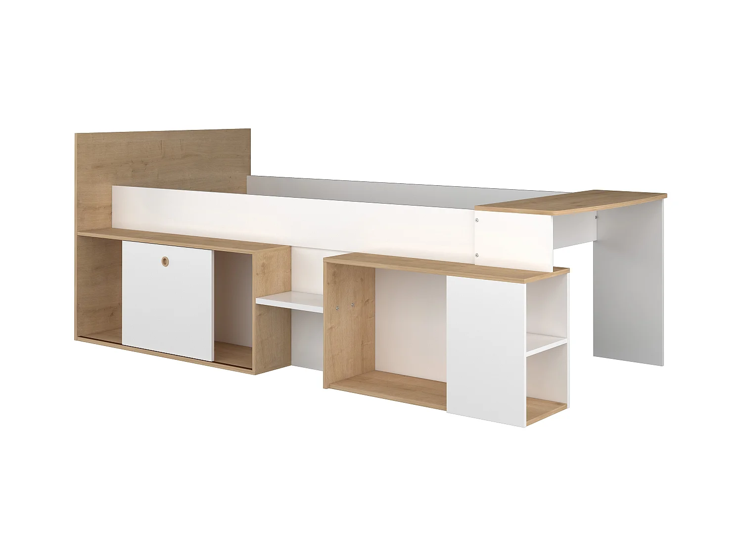 Cama combinada 90 x 200 cm con escritorio y almacenamiento - Blanco y natural - PALOMA