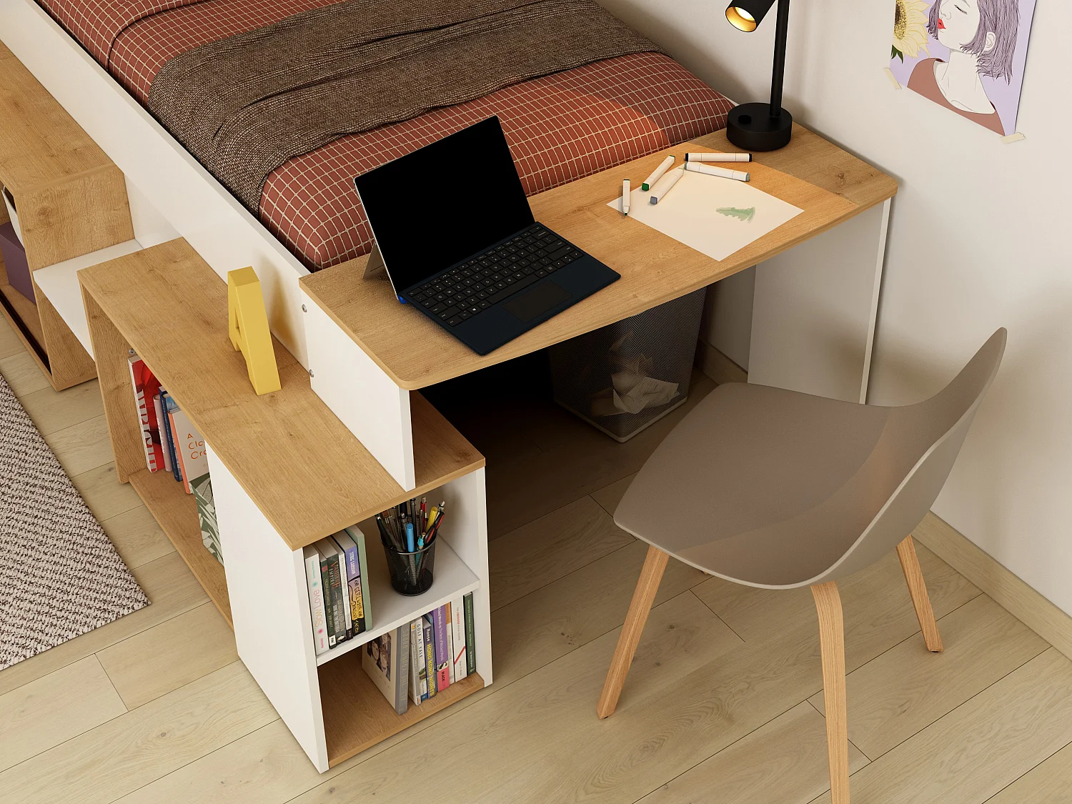 Lit combiné 90 x 200 cm avec bureau et rangements - Blanc et naturel - PALOMA