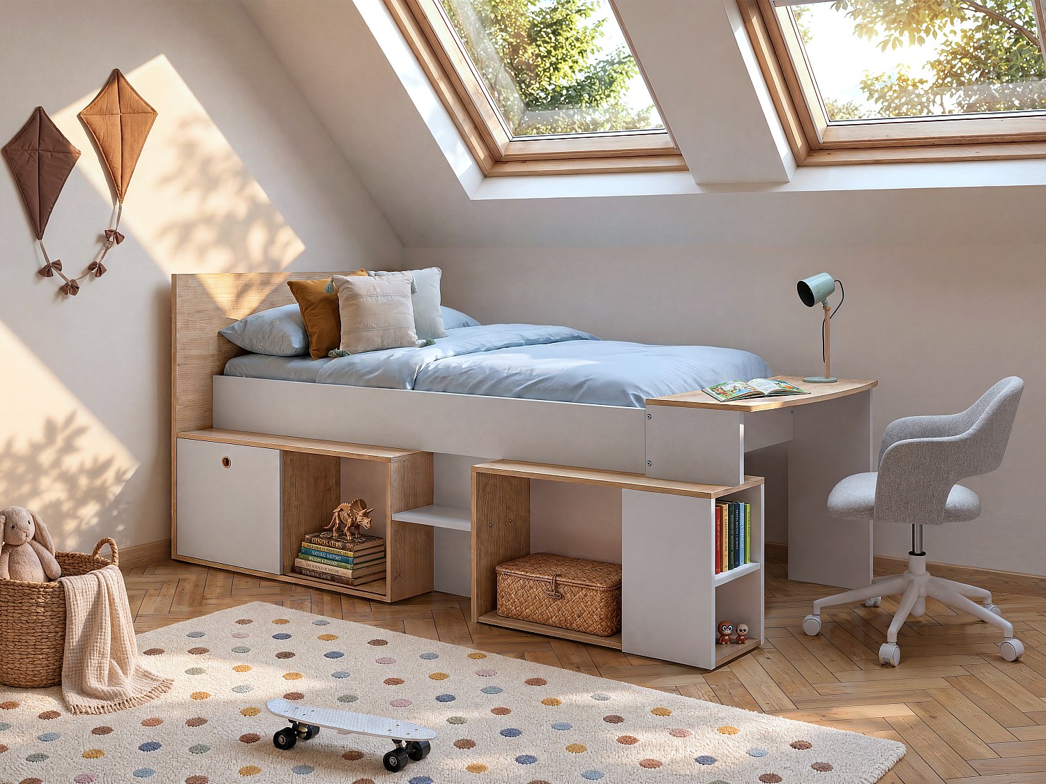 Kombibett 90 x 200 cm mit Schreibtisch & Stauraum - Weiß & Holzfarben - PALOMA