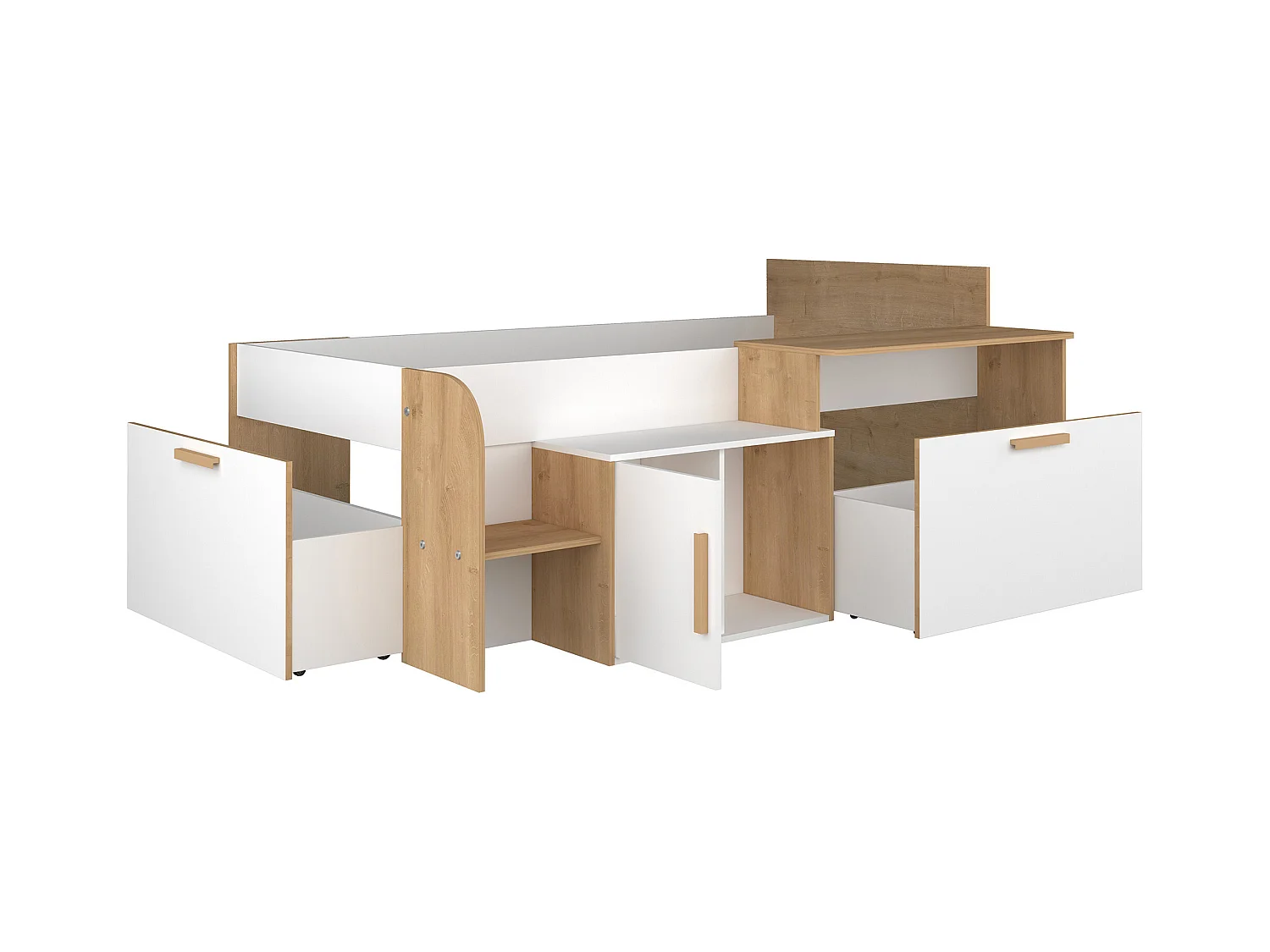 Cama 90 x 200 cm con escritorio y almacenaje - Color: blanco y natural - PEDRO