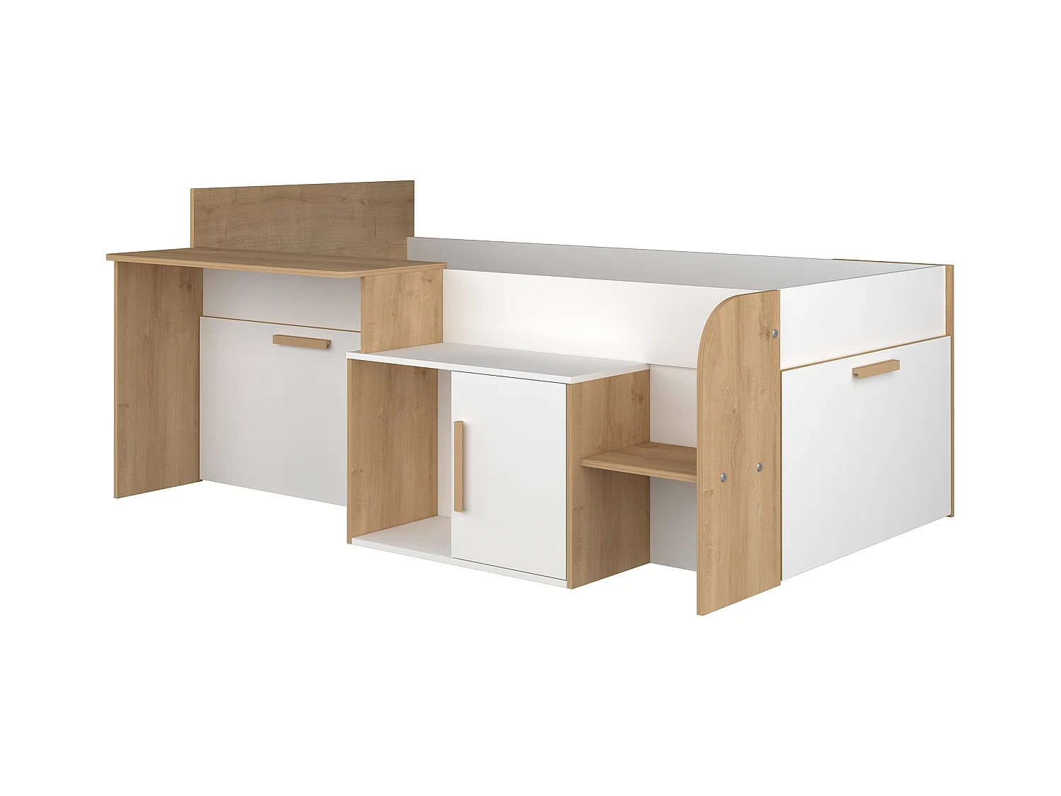 Cama 90 x 200 cm con escritorio y almacenaje - Color: blanco y natural - PEDRO