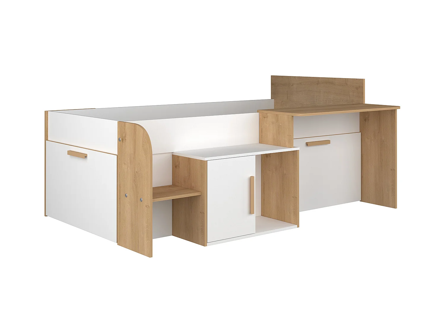 Cama 90 x 200 cm con escritorio y almacenaje - Color: blanco y natural - PEDRO