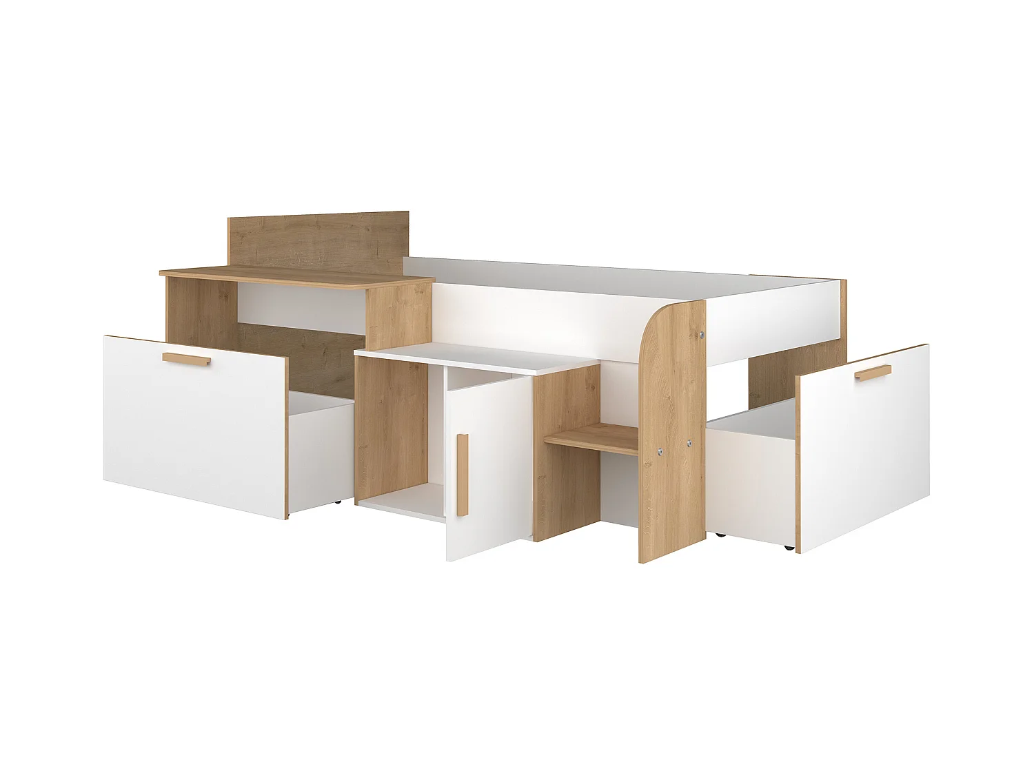 Cama 90 x 200 cm con escritorio y almacenaje - Color: blanco y natural - PEDRO