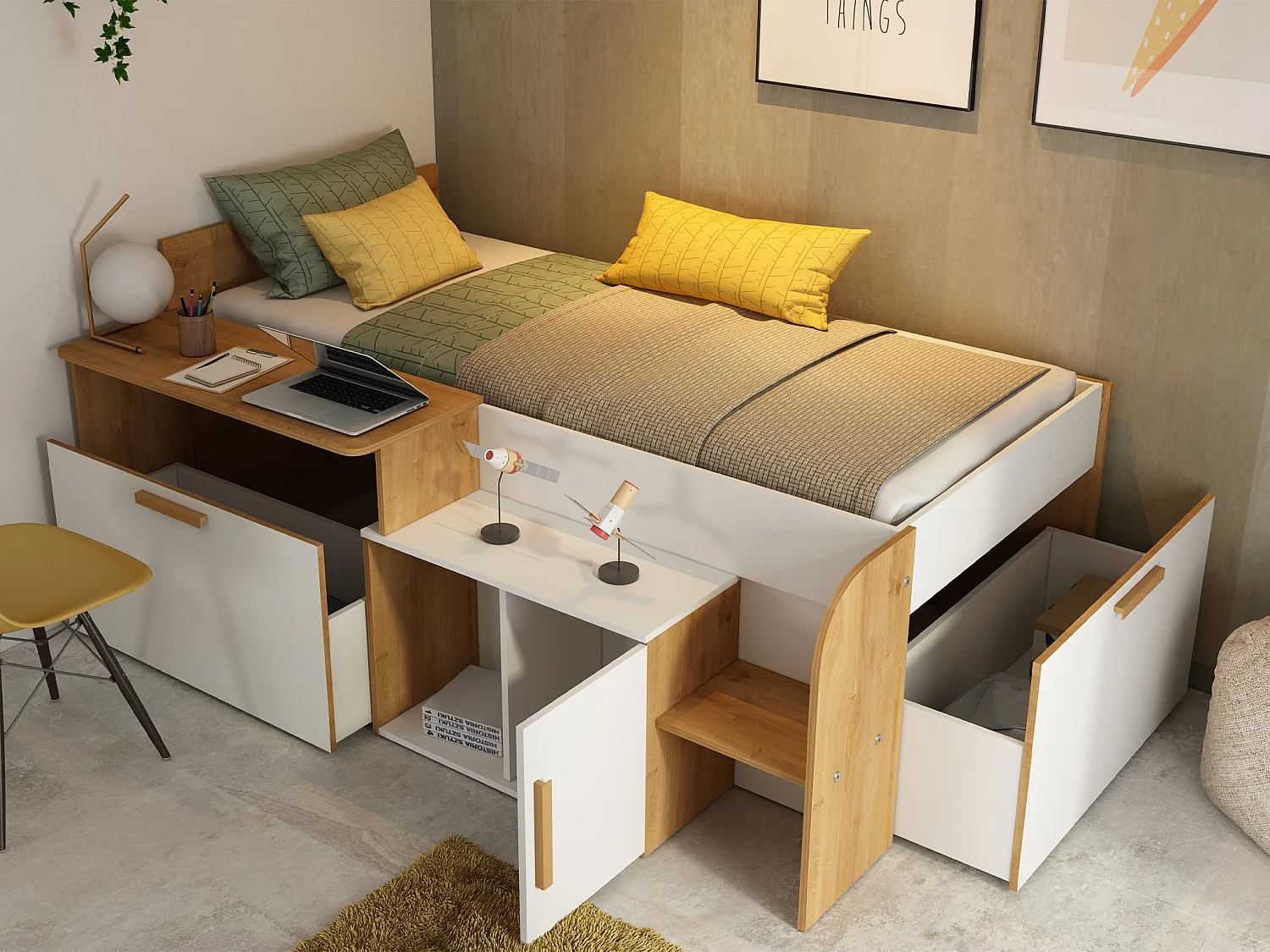 Letto combinato 90 x 200 cm con scrivania e scomparti Bianco e Naturale - PEDRO