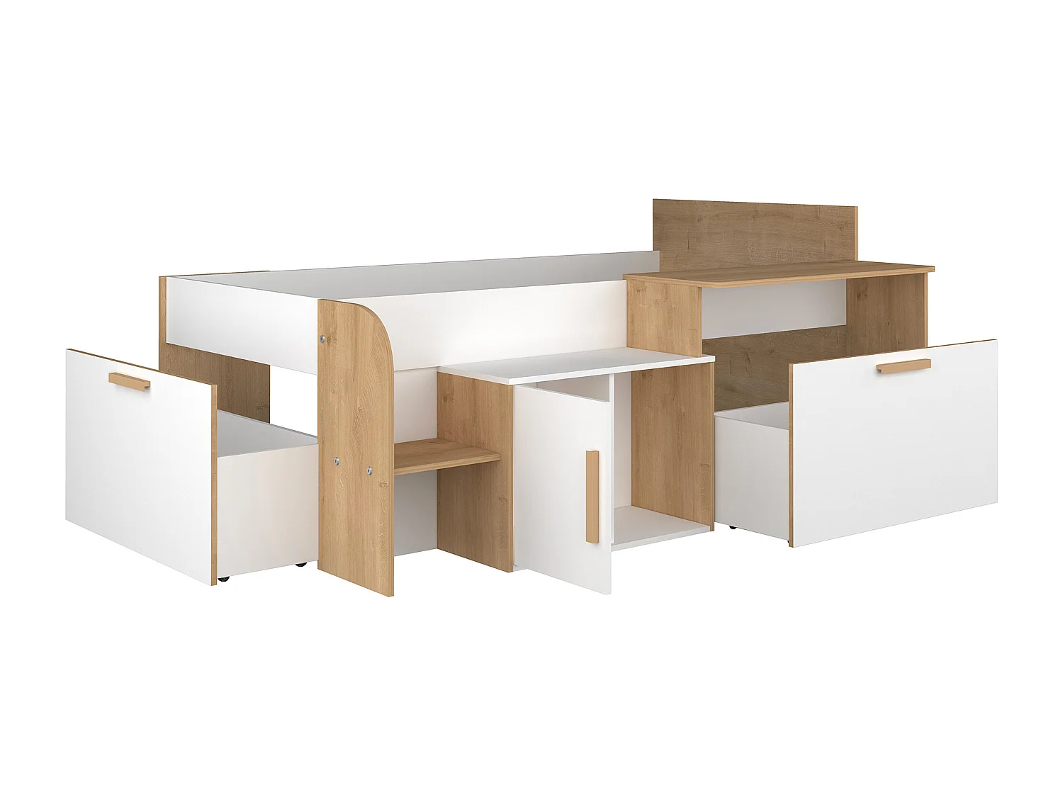 Kombibett 90 x 200 cm mit Schreibtisch und Stauraum - Weiß und Naturfarben - PEDRO