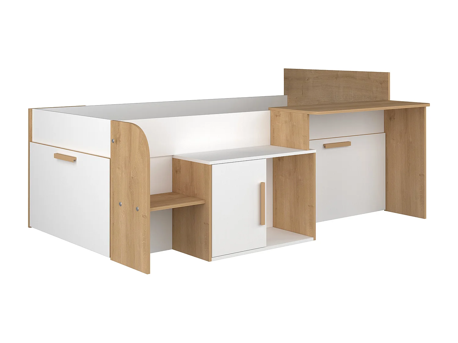Kombibett 90 x 200 cm mit Schreibtisch und Stauraum - Weiß und Naturfarben - PEDRO