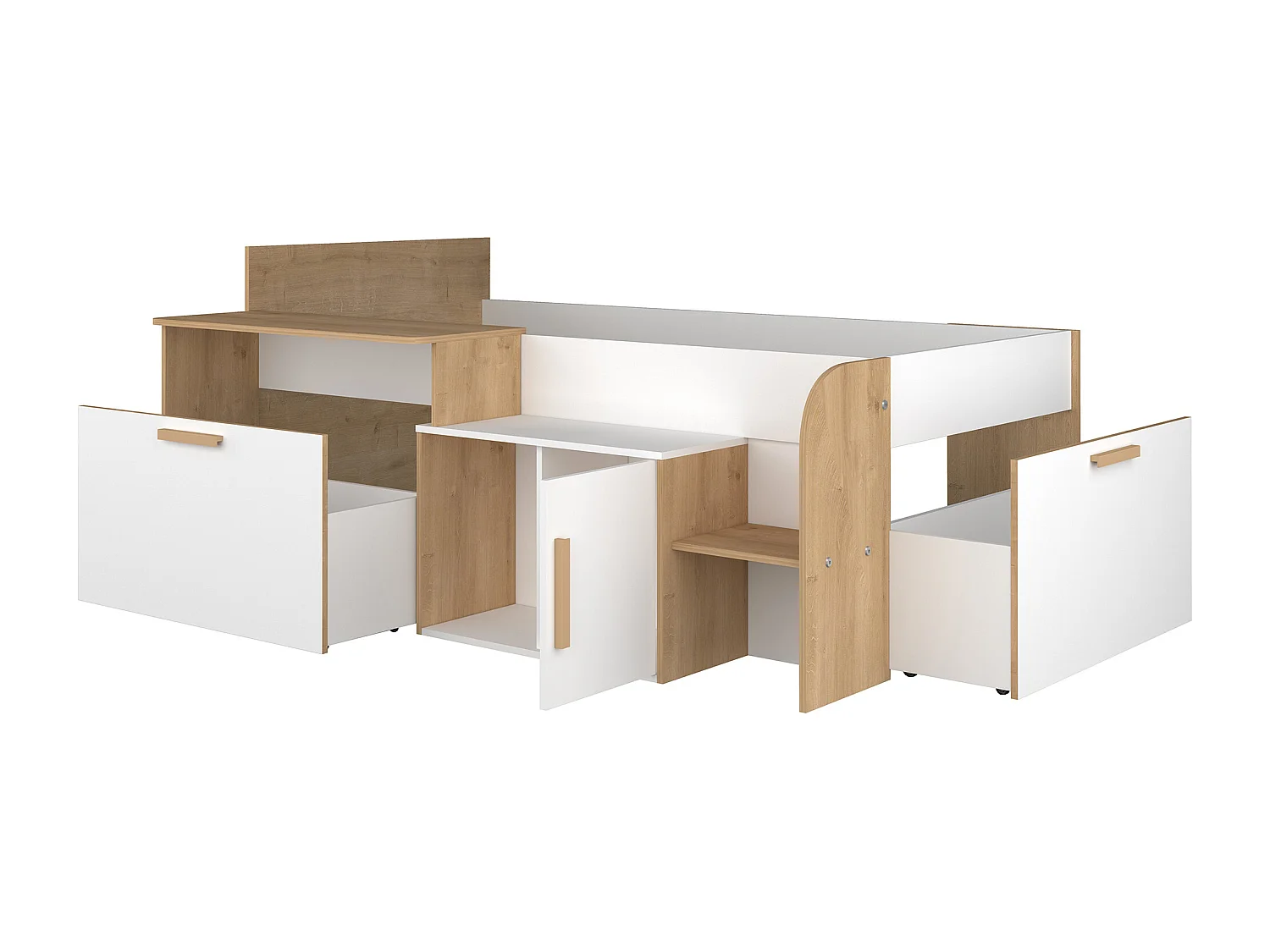 Kombibett 90 x 200 cm mit Schreibtisch und Stauraum - Weiß und Naturfarben - PEDRO