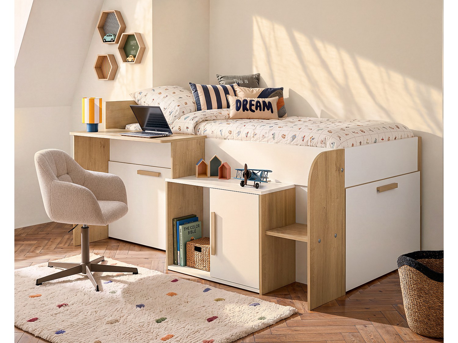 Kombibett 90 x 200 cm mit Schreibtisch und Stauraum - Weiß und Naturfarben - PEDRO