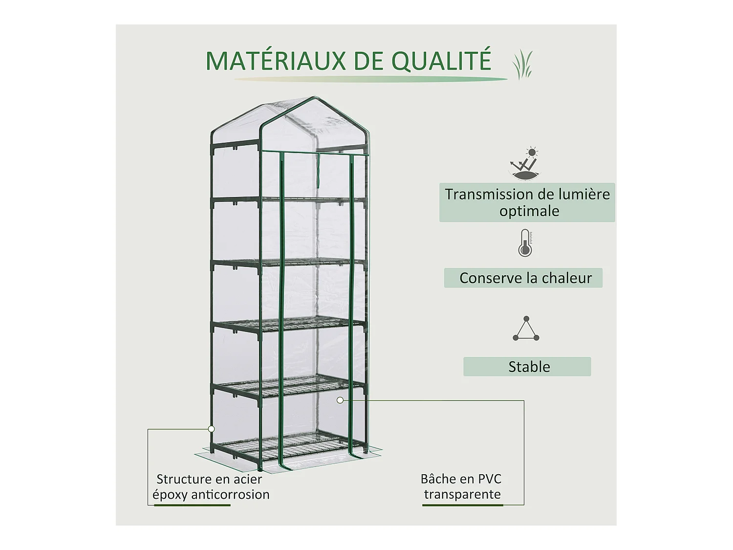 Serre de jardin balcon étagère serre 5 niveaux 0,69L x 0,49l x 1,93H m acier galvanisé bâche amovible PVC vert