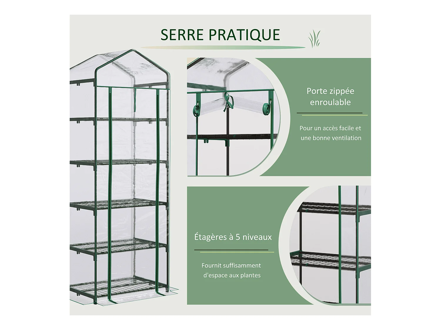 Serre de jardin balcon étagère serre 5 niveaux 0,69L x 0,49l x 1,93H m acier galvanisé bâche amovible PVC vert