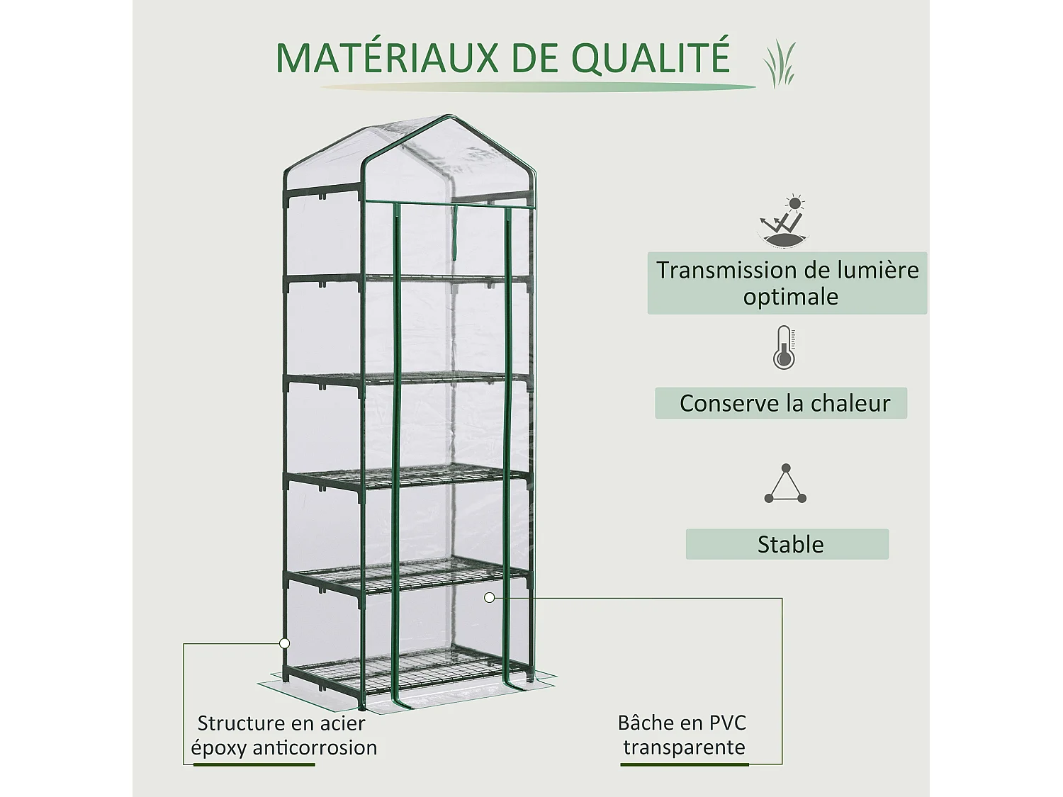 Serre de jardin balcon étagère serre 5 niveaux 0,69L x 0,49l x 1,93H m acier galvanisé bâche amovible PVC vert