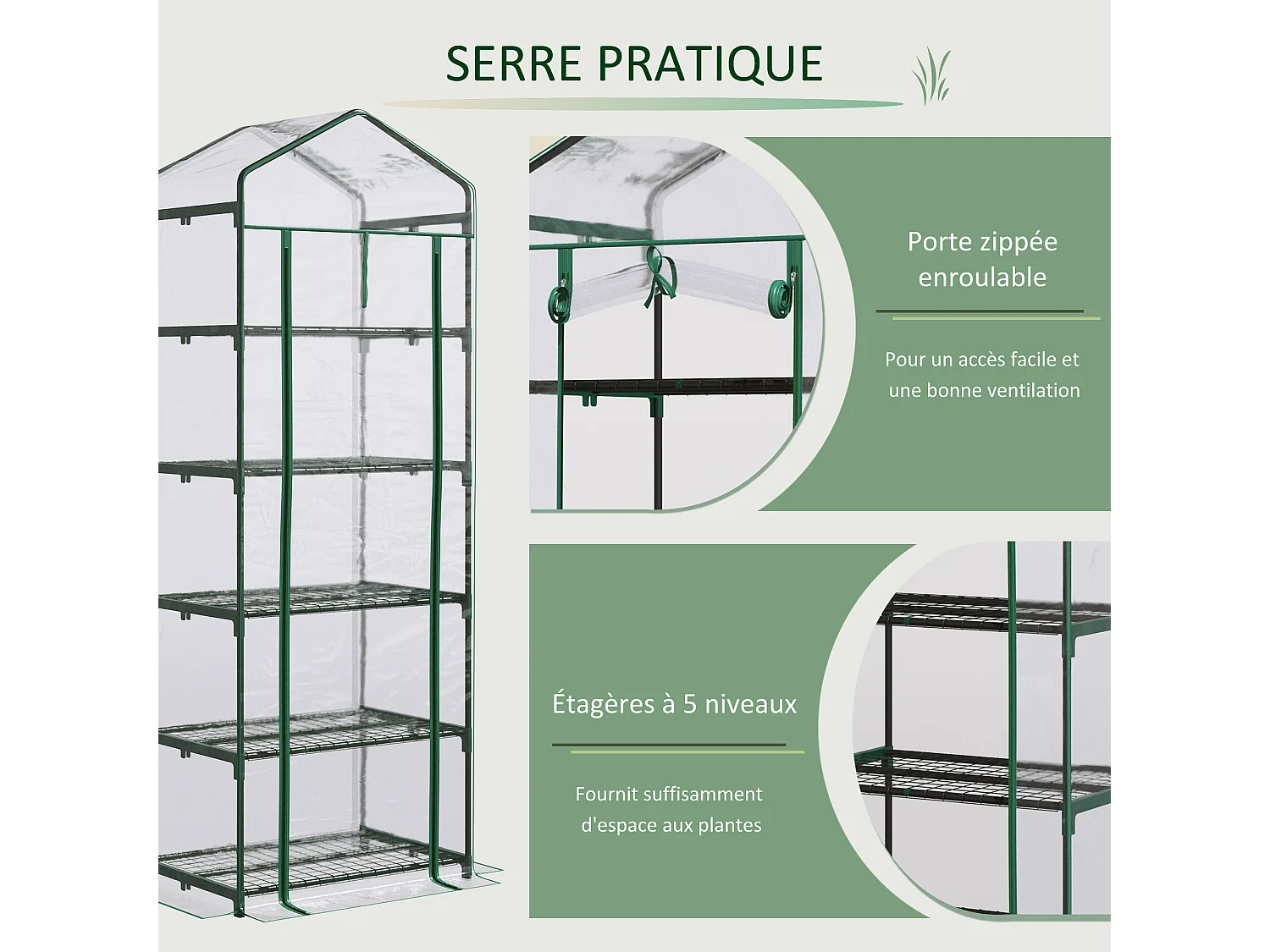Serre de jardin balcon étagère serre 5 niveaux 0,69L x 0,49l x 1,93H m acier galvanisé bâche amovible PVC vert