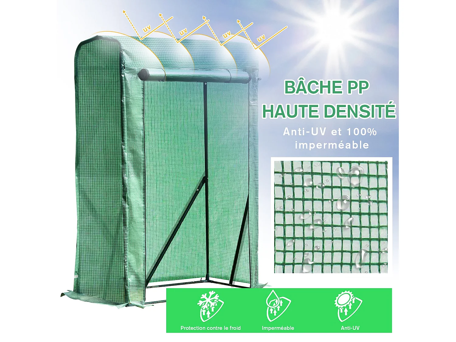 Serre de jardin serre à tomates anti-UV dim. 100L x 50l x 150H cm porte zipée déroulante acier PE vert
