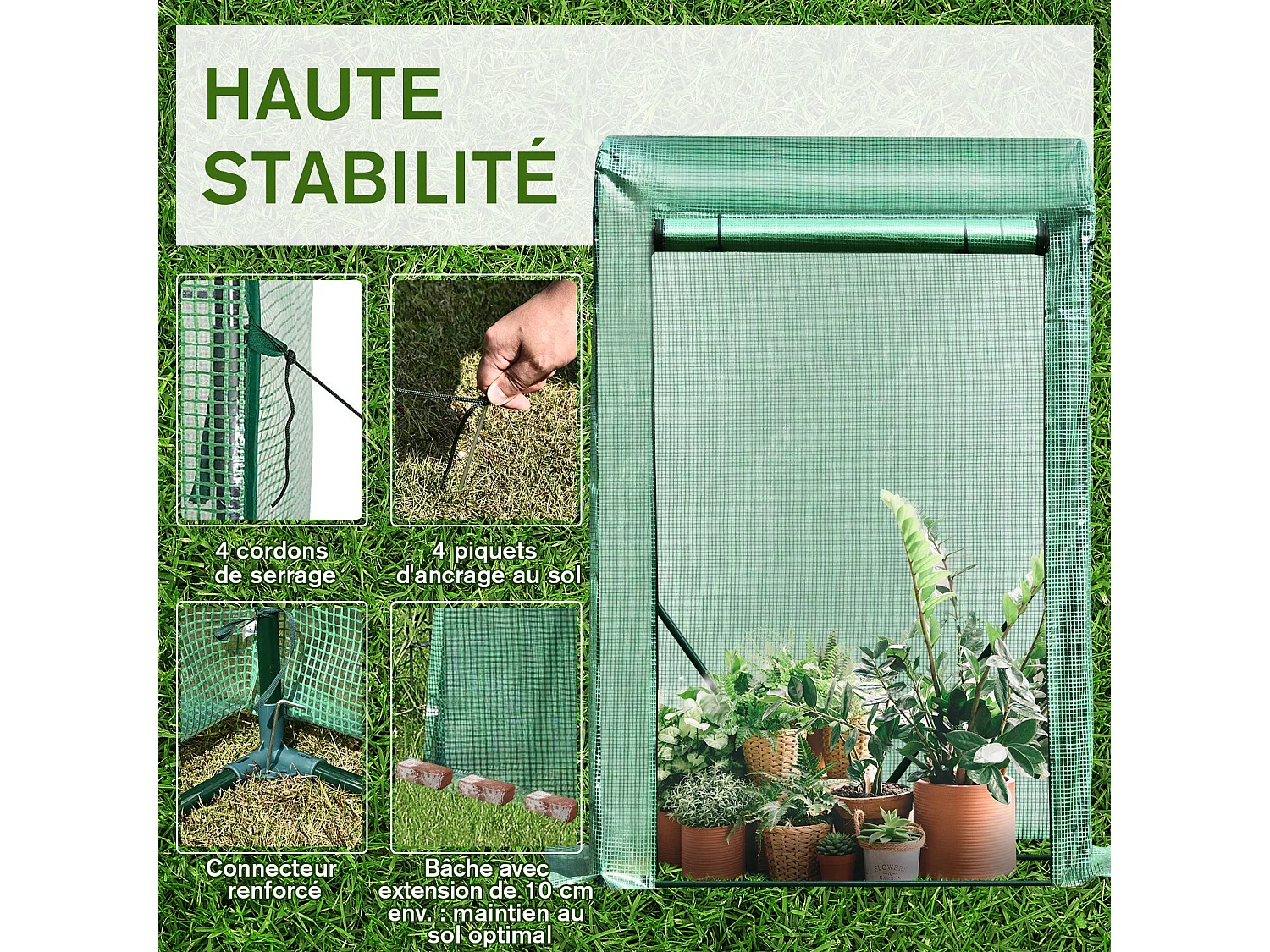 Serre de jardin serre à tomates anti-UV dim. 100L x 50l x 150H cm porte zipée déroulante acier PE vert