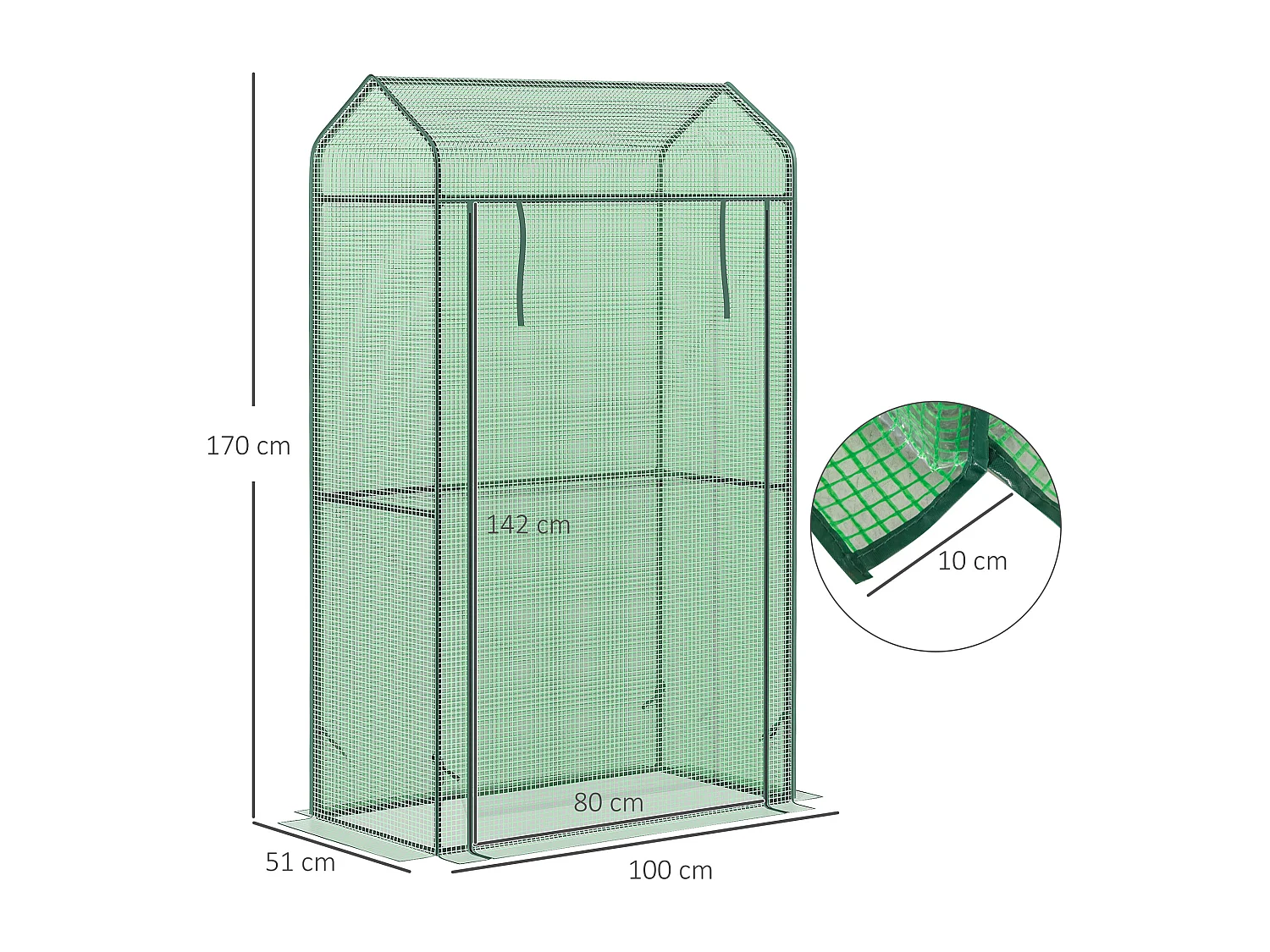 Serre de jardin serre à tomates anti-UV dim. 100L x 51l x 170H cm porte zipée déroulante métal thermolaqué PE vert