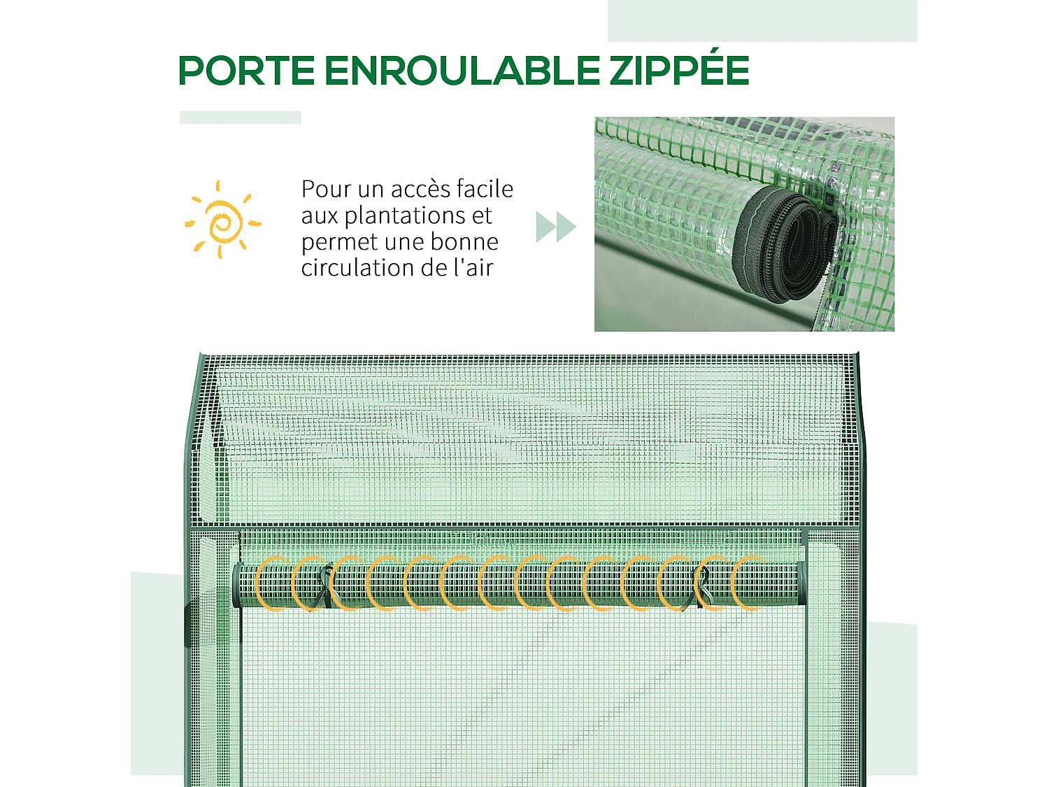 Serre de jardin serre à tomates anti-UV dim. 100L x 51l x 170H cm porte zipée déroulante métal thermolaqué PE vert