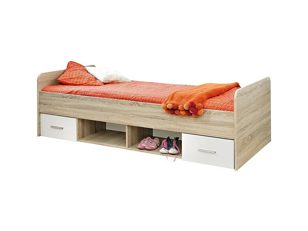 Lit enfant 90x200 collection DENVER. coloris chêne et blanc. Tiroirs inclus