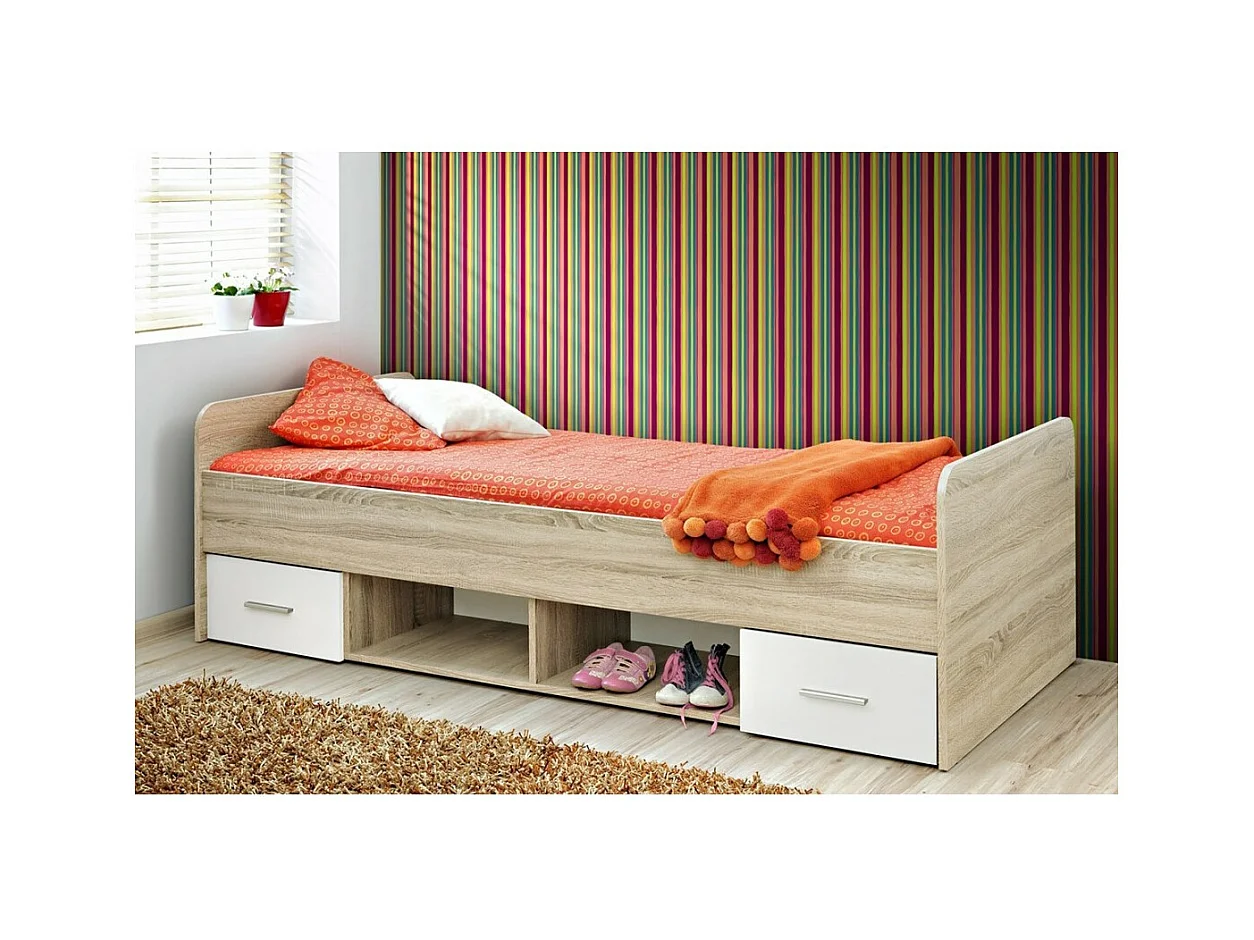 Lit enfant 90x200 collection DENVER. coloris chêne et blanc. Tiroirs inclus