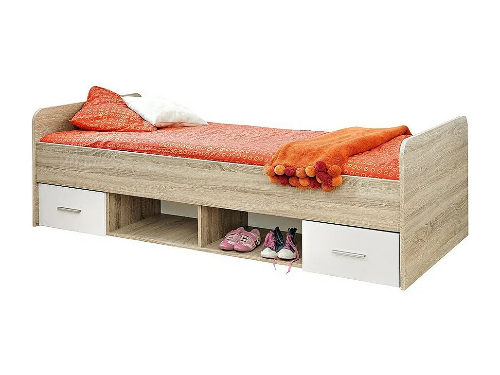 Lit enfant 90x200 collection DENVER. coloris chêne et blanc. Tiroirs inclus