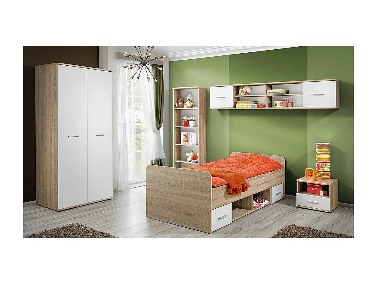 Lit enfant 90x200 collection DENVER. coloris chêne et blanc. Tiroirs inclus