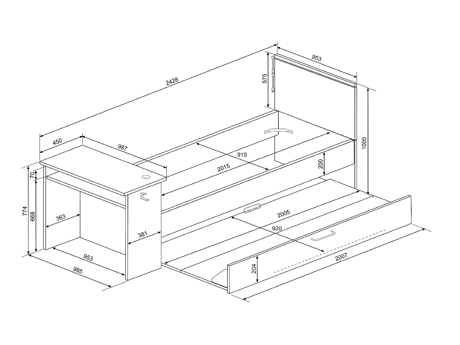 Ausziehbett Gamer mit Schreibtisch & LEDs + Lattenrost  - 2 x 90 x 200 cm - Anthrazit & Rot - VOUANI