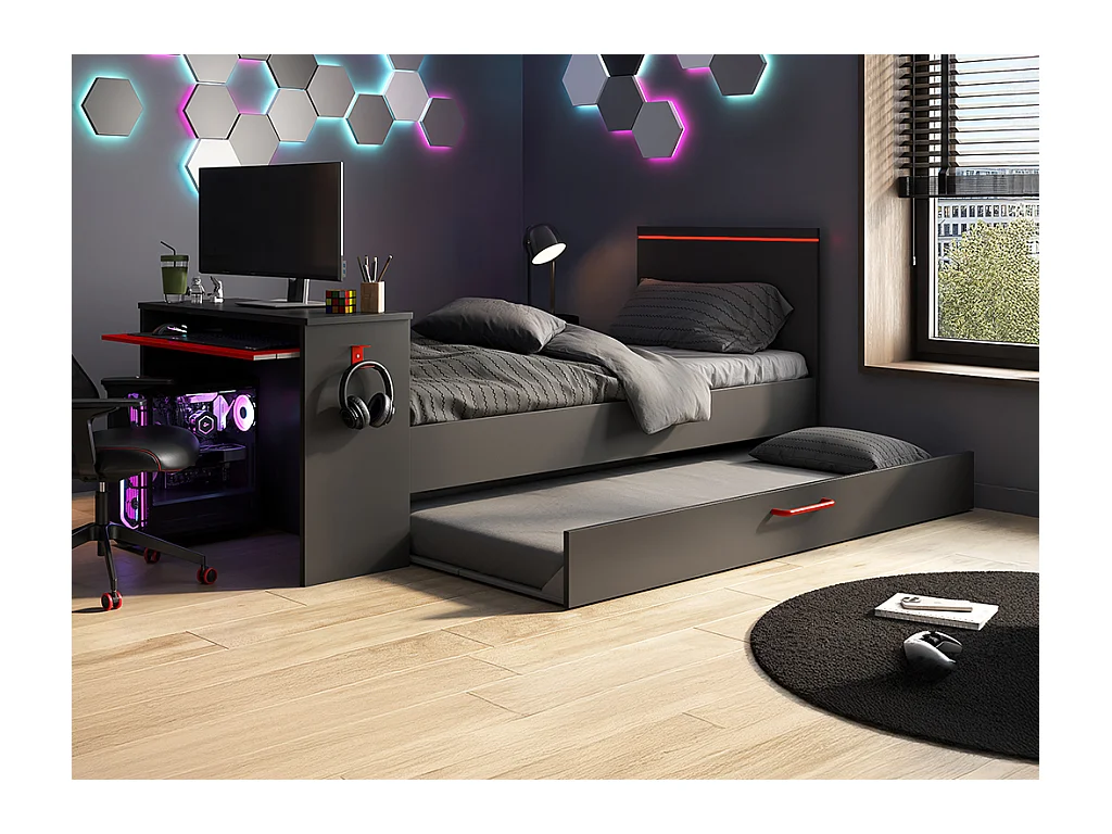 Ausziehbett Gamer mit Schreibtisch & LEDs + Lattenrost  - 2 x 90 x 200 cm - Anthrazit & Rot - VOUANI