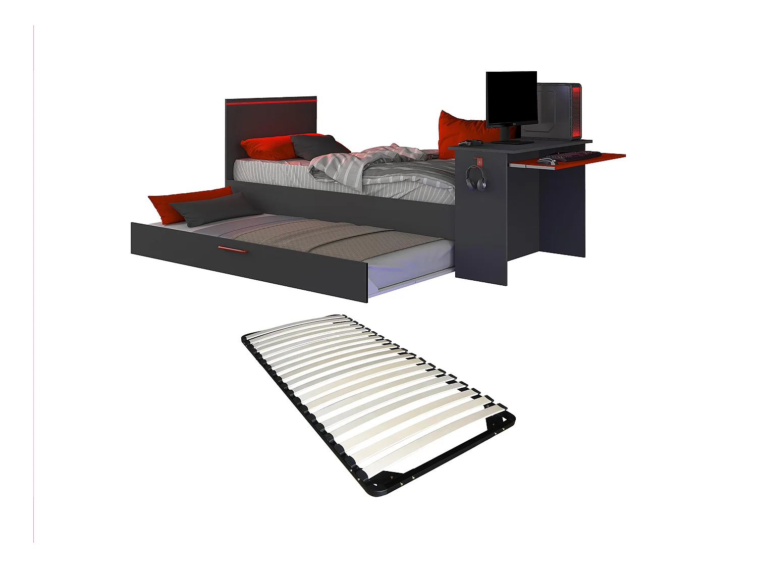 Ausziehbett Gamer mit Schreibtisch & LEDs + Lattenrost  - 2 x 90 x 200 cm - Anthrazit & Rot - VOUANI