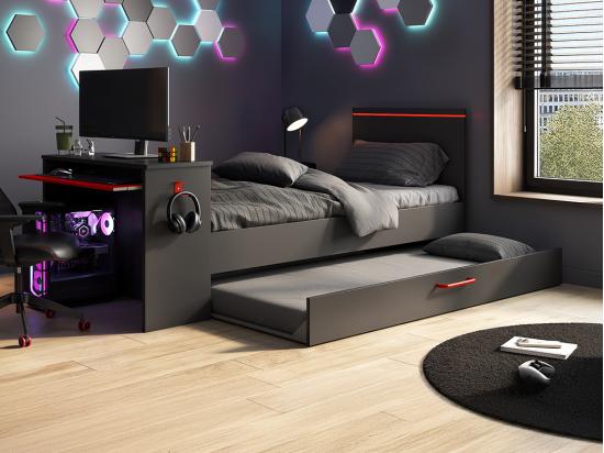 vente unique Lit gigogne gamer2 x 90 x 200 cm - Avec bureau - LEDs - Anthracite et rouge + Sommier - VOUANI