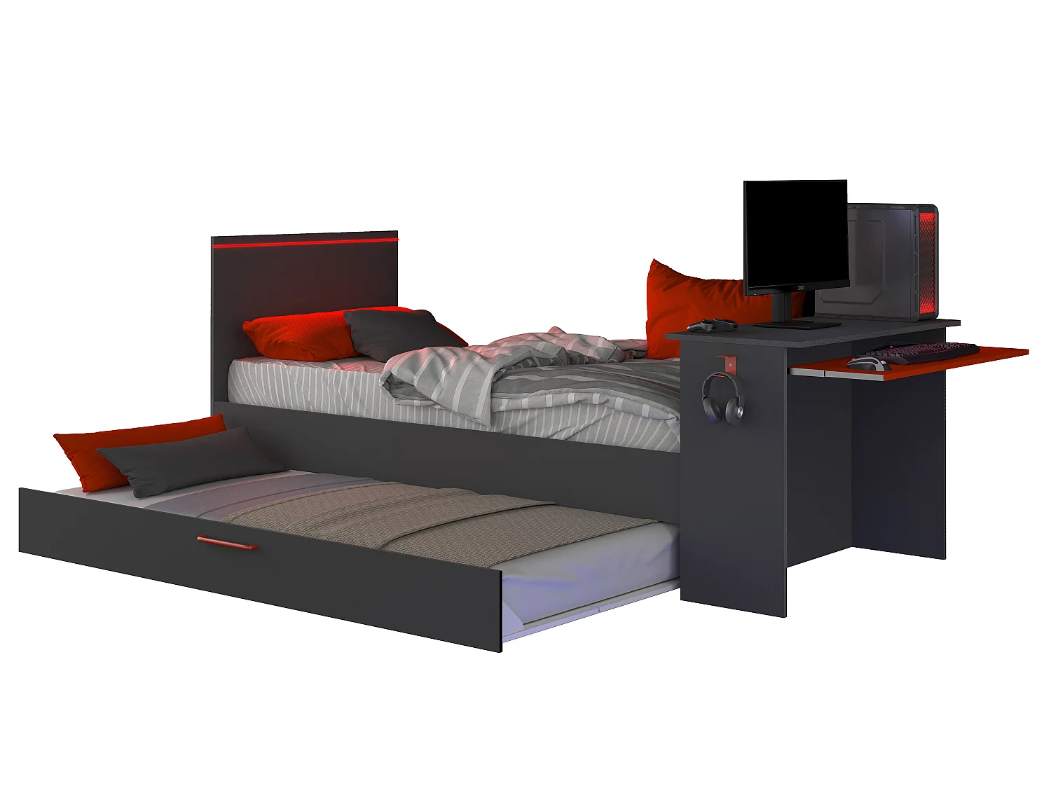 Letto a scomparsa gamer 2 x 90 x 200 Con scrivania LED Antracite e Rosso + Rete - VOUANI
