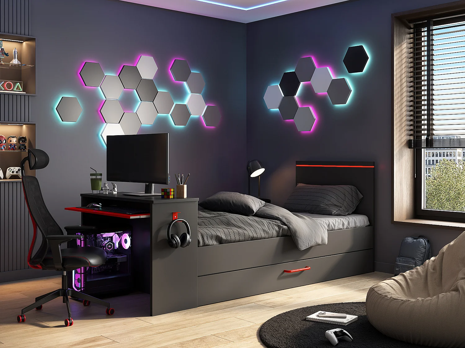 Letto a scomparsa gamer 2 x 90 x 200 Con scrivania LED Antracite e Rosso + Rete - VOUANI