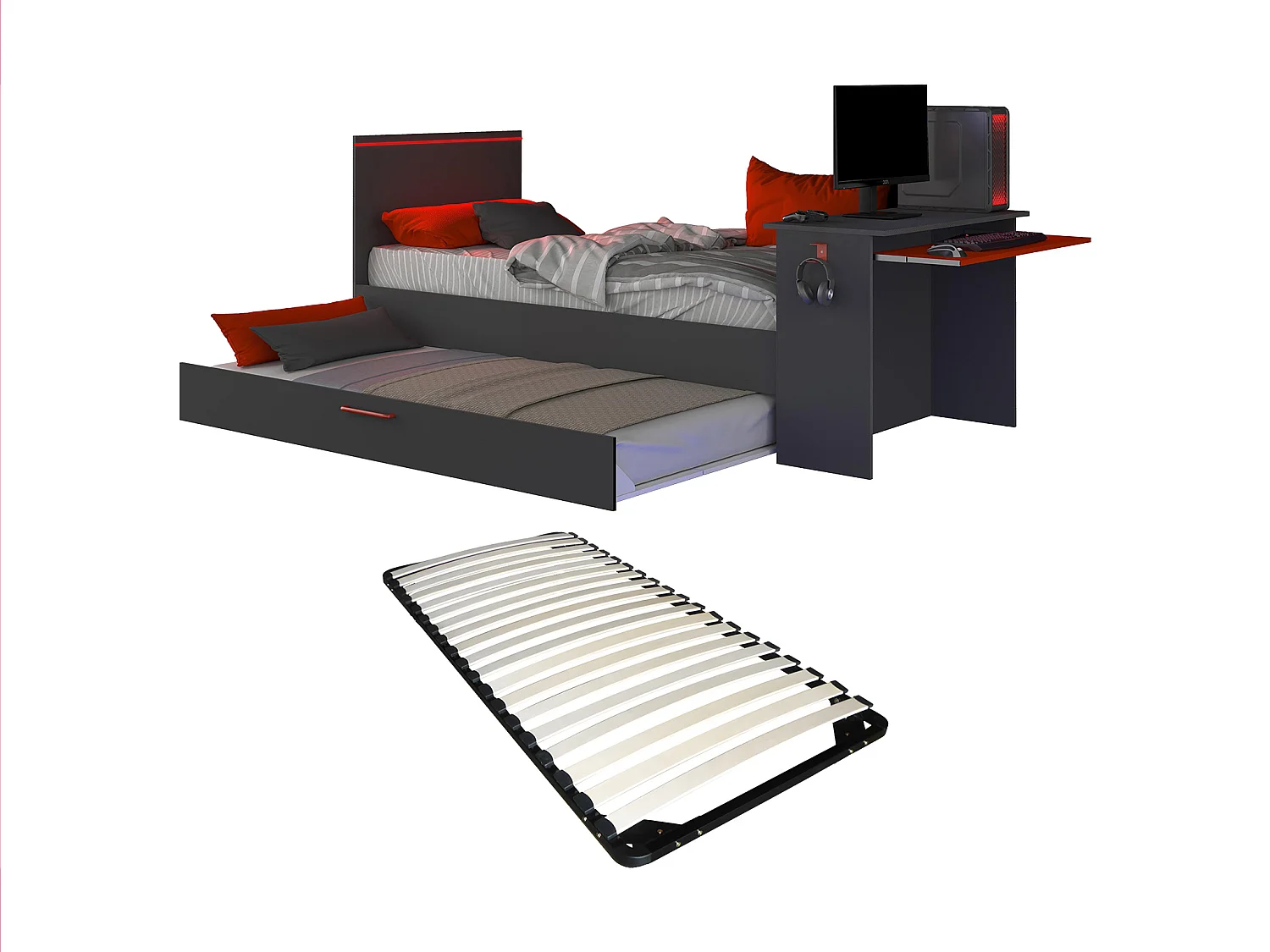 Letto a scomparsa gamer 2 x 90 x 200 Con scrivania LED Antracite e Rosso + Rete - VOUANI