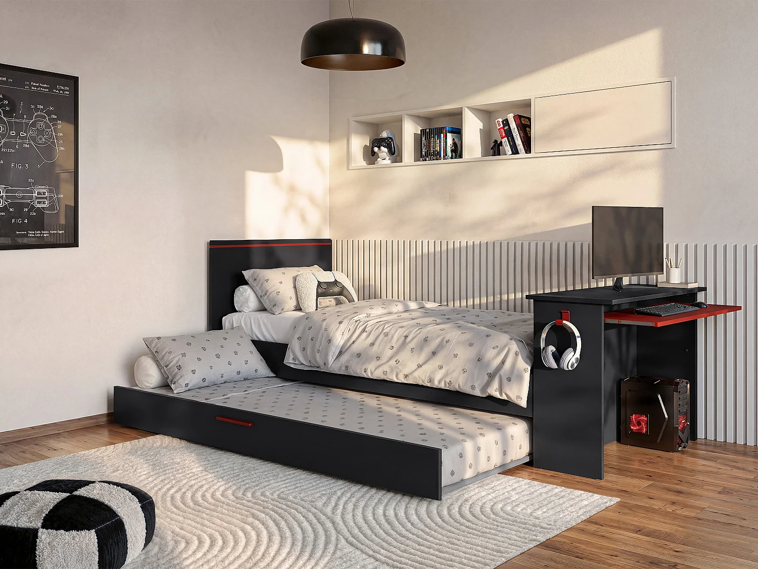 Kombisäng 2 × 88 × 200 cm med skrivbord och utdragbarsäng i antracitgrå och med LED-belysning VOUANI