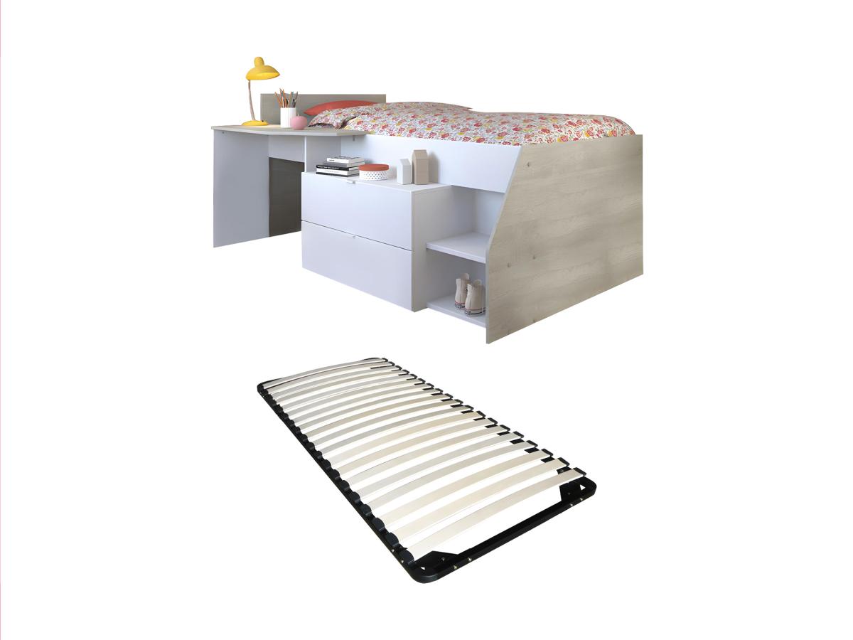 Bett 90 x 190/200 cm mit Schreibtisch & Stauraum + Lattenrost - Weiß & Holz günstig online kaufen