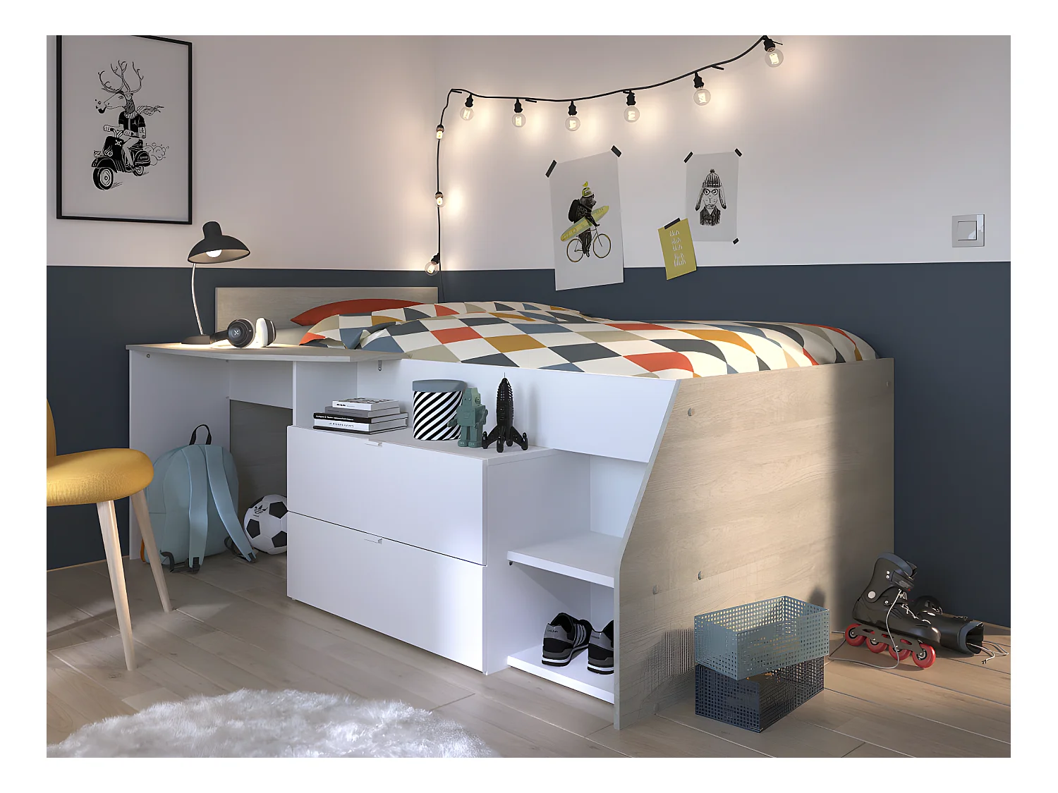 Letto con scrivania e scomparti 90 x 190/200 cm Bianco e Naturale + Rete - GISELE