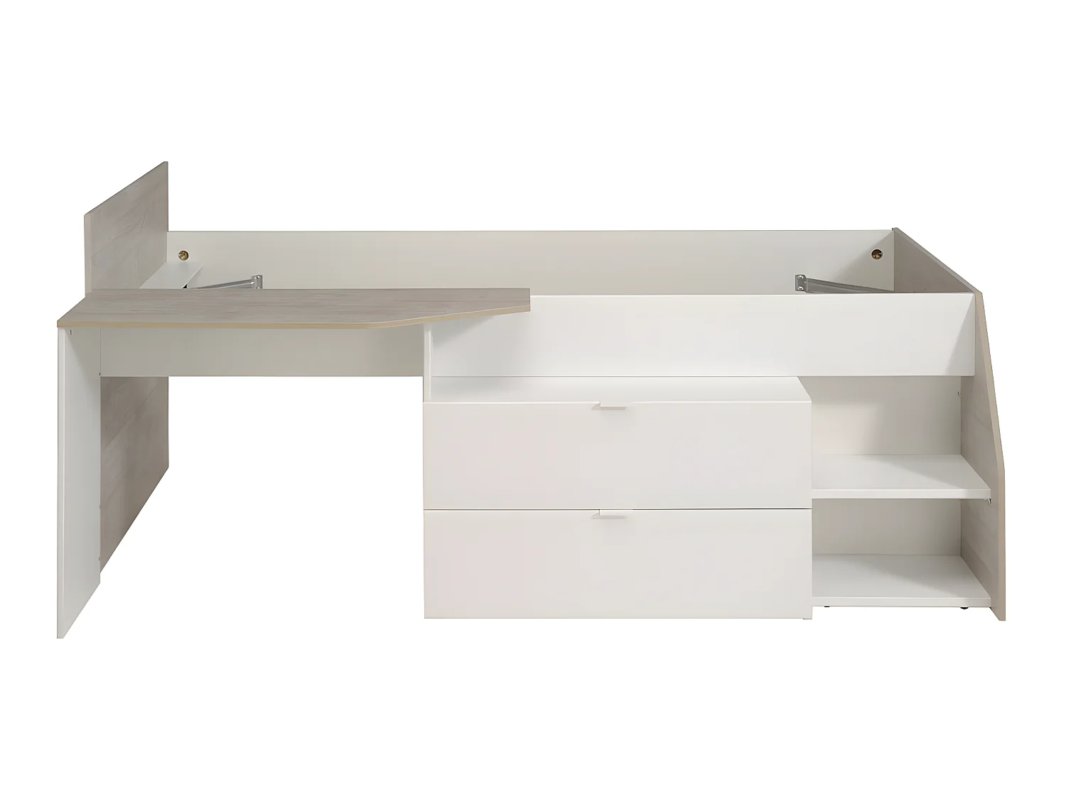 Bed met bureau en opbergruimte - 90 x 200 cm - Wit en naturel + Bedbodem - GISELE