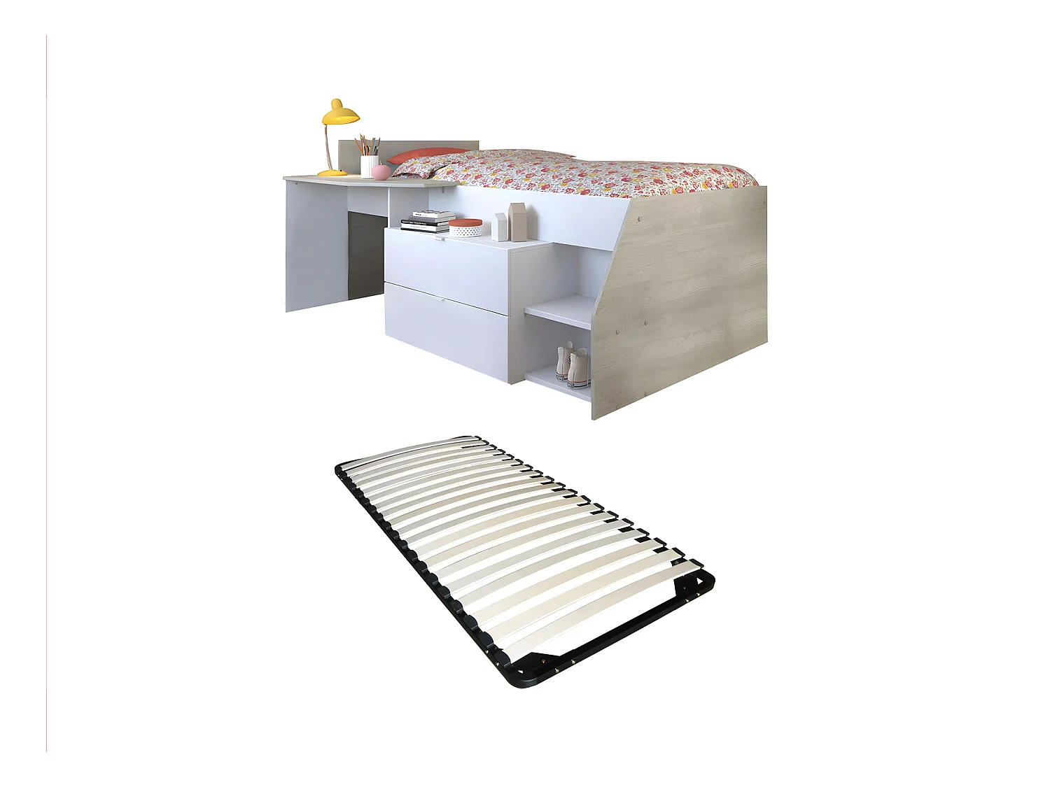 Bed met bureau en opbergruimte - 90 x 200 cm - Wit en naturel + Bedbodem - GISELE